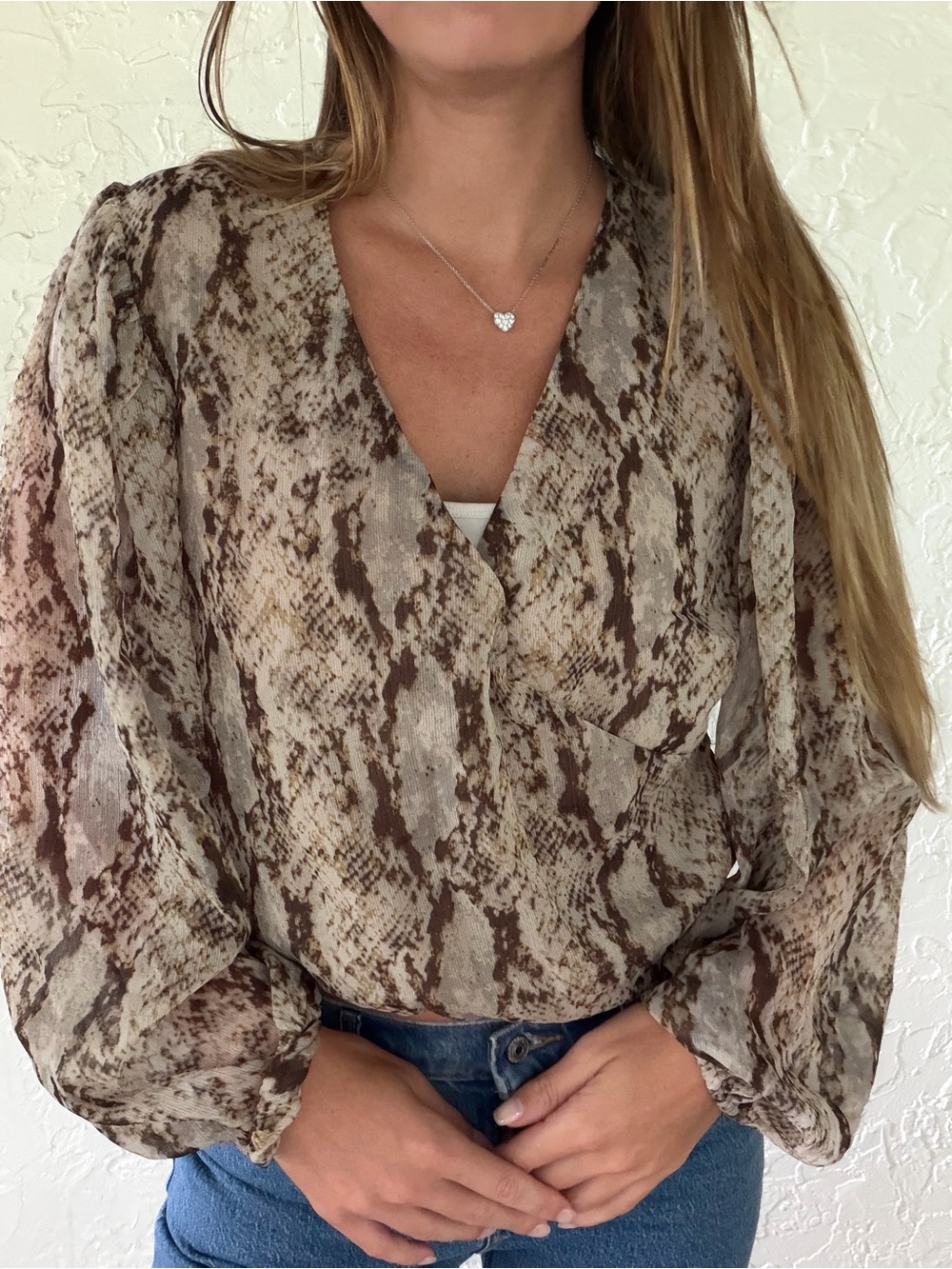 Bardot Brown Taupe Snake-Print V-Neck Blouse with Puffy Sleeves